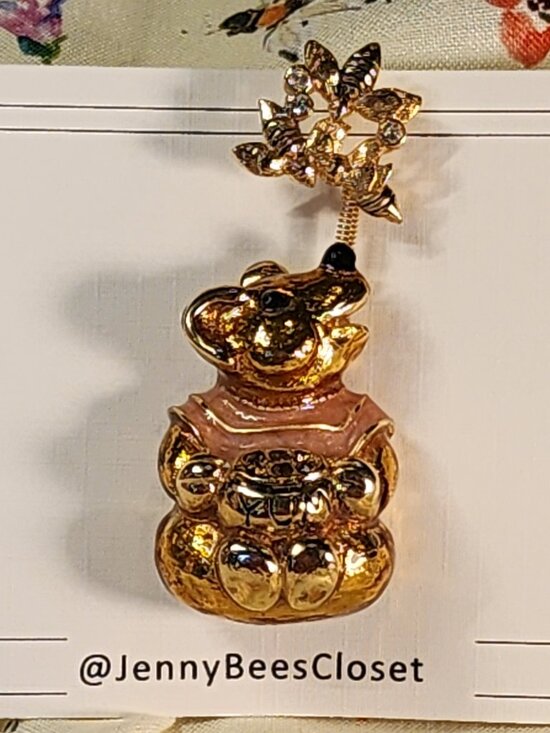 unbranded Jewelry - VINTAGE Honey-Loving Bear Gold-Tone Brooch With Rhinestones & Bees On a Spring